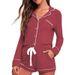 Women's Casual Home Wear Shorts Set Button Down Long Sleeved Comfortable With Pockets Drawstring Detail Autumn Wear_ecoleips.com