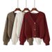 Women's V Neck Cardigan Sweater Loose Fit Retro Cable Knit Short Style For Autumn Winter New_ecoleips.com
