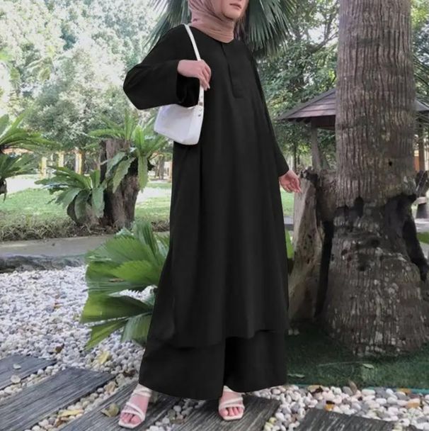 2025 Muslim Two-Piece Women's Clothing Solid Color Spring And Autumn Long Pullover Loose Plus Size Set_ecoleips.com