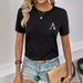 European American Women's Casual Black round Neck Short Sleeve T-Shirt Letter Print Sports Top Summer Fit True to Size_ecoleips.com