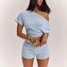 Women's Casual Slim Fit T-Shirt And High-Waisted Shorts Set Off-Shoulder Short Sleeve Style Home Wear_ecoleips.com