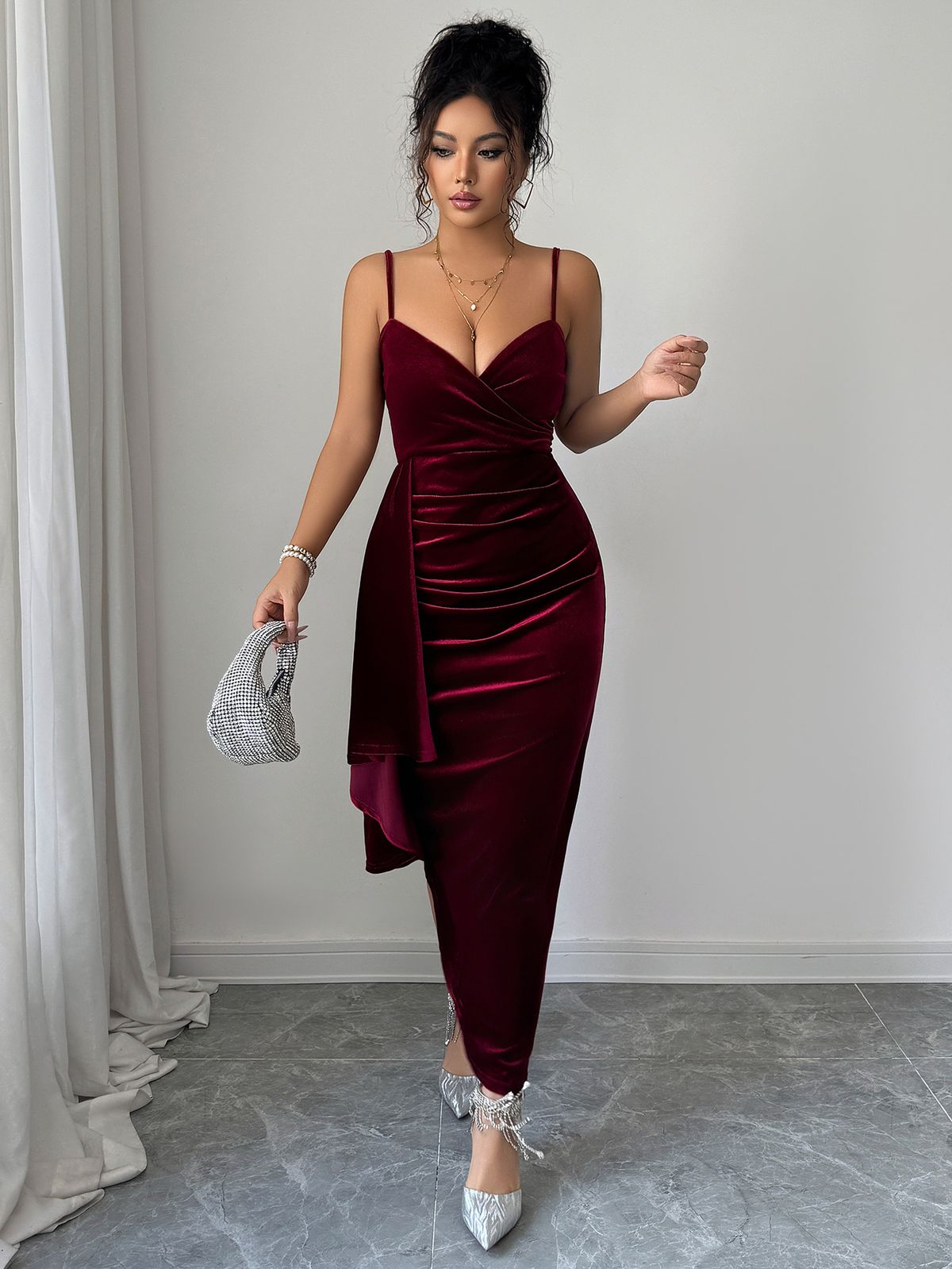 Elegant V-Neck Sleeveless Bodycon Evening Dress – Stretch Knit Long Gown For Women (S-XL, Wine Red, Belted Waist, Wrinkle-Resistant)_ecoleips.com