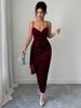 Elegant V-Neck Sleeveless Bodycon Evening Dress – Stretch Knit Long Gown For Women (S-XL, Wine Red, Belted Waist, Wrinkle-Resistant)_ecoleips.com