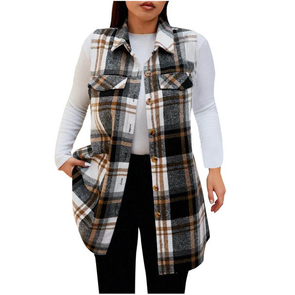 Women's Clothing New Fashion Plus Size Fleece Plaid Lapel Mid Length Sleeveless Vest Coat Women's Clothing Outerwear_ecoleips.com
