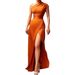 New Arrival Orange Solid Color One Shoulder Sleeveless High Waist Cinched Waist Long Dress Elegant Temperament Commute Dress_ecoleips.com