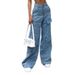 Women's Loose Denim Trousers Large Pockets Washed Effect American Style Cow Patterned Jeans_ecoleips.com