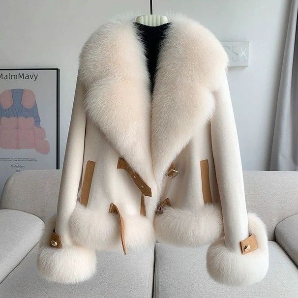 Women’s Faux Fox Fur Short Coat – Trendy Winter Jacket With 3D Embroidery, V-Neck & Plush Collar (M-XL, Beige/Green/Khaki/Pink)_ecoleips.com