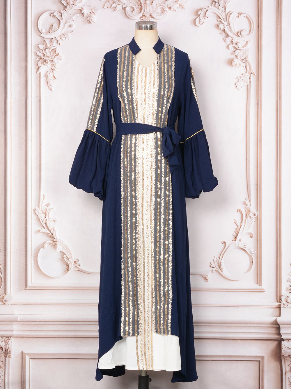 Keweit Long Robe Fashion Women's Sequin Two-Piece Set Puff Sleeve Muslim Dress For Women_ecoleips.com