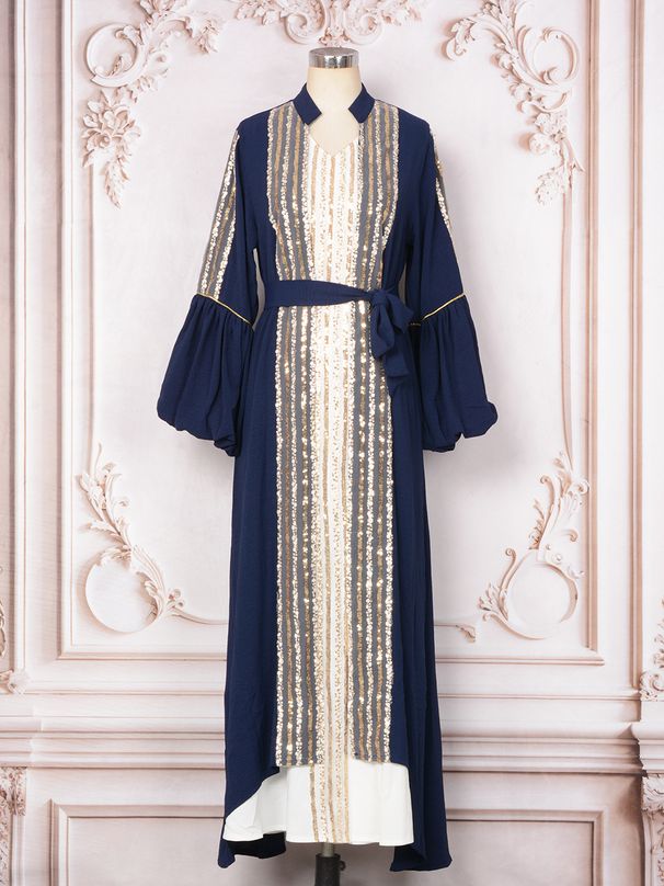 Keweit Long Robe Fashion Women's Sequin Two-Piece Set Puff Sleeve Muslim Dress For Women_ecoleips.com