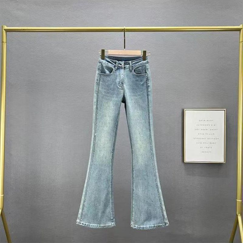 Women's Clothing Women's High-Waisted Slim Fit Denim Jeans Style Hot Stamped Rhinestone Trendy Autumn Heavy Duty Flared Pants_ecoleips.com