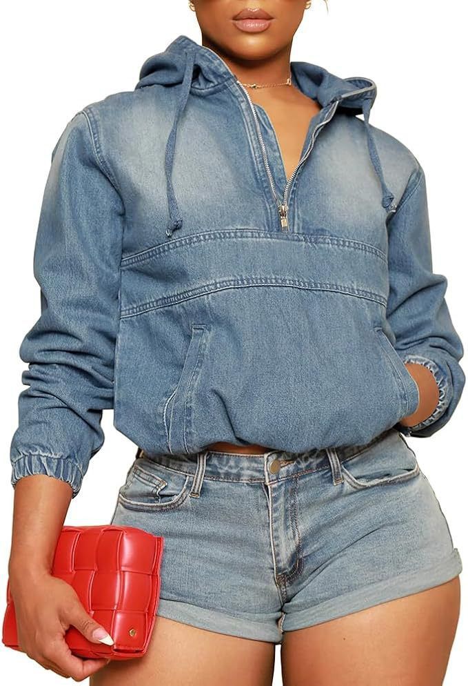 Distressed Denim Hooded Long Sleeve Pullover - Oversized Streetwear Zip-Up Jacket With Asymmetrical Hem For Women (Light Blue)_ecoleips.com