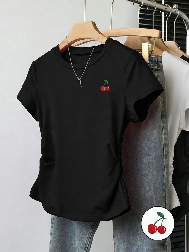 Women's Slim Fit T-Shirt Short Sleeve Cherry Print Side Ruching Waist Cinching Casual Elegant Fashion Top for Spring/Autumn Summer_ecoleips.com