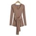 Women's Clothing Hot Girl Autumn Solid Color Two Piece Set Waist Tie V Neck Long Sleeve Slim Fit Bodysuit For Women S21285_ecoleips.com