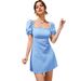 European And American Elegant Style Square Neck Puff Sleeve Spring New High Waist A-Line Short Dress_ecoleips.com