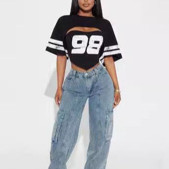 Women's Slim Fit Short Sleeve Top European American Style Digital Print Hollow Design Black Wholesale_ecoleips.com