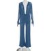 Sexy Deep V-Neck Blouse & Flared Pants Set – Lace Trim Sleeves & Tie-Detail Wide-Leg Trousers (Blue, Black)_ecoleips.com