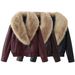 Women's Clothing Fashion Faux Leather Jacket With Faux Fur Collar - Loose Fit, Three Colors (Burgundy, Coffee, Black), Short Length, Double Breasted_ecoleips.com