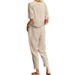Women's Clothing Cotton And Linen Summer Matching Suits Half Sleeved O Neck Oversized Blouse E Wide Leg Pants Retro Suit_ecoleips.com