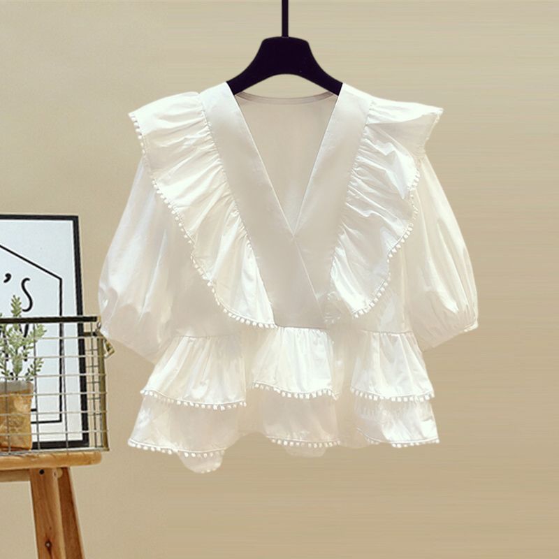 Plus Size Women's Summer Outfit Set: V-Neck Blouse & High-Waist Denim Skirt For Curvy Ladies_ecoleips.com