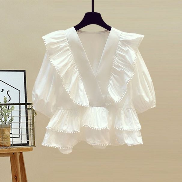 Plus Size Women's Summer Outfit Set: V-Neck Blouse & High-Waist Denim Skirt For Curvy Ladies_ecoleips.com