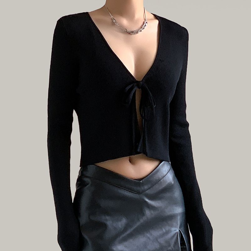 Sexy American Syle Ho Girl Top Spring Summer Long Sleeve Shor Black Kni Cardigan Design Sense Women's Kniwear_ecoleips.com