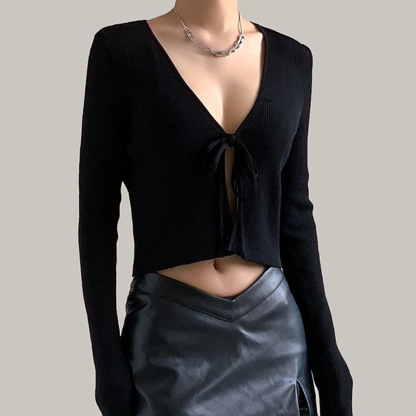 Sexy American Syle Ho Girl Top Spring Summer Long Sleeve Shor Black Kni Cardigan Design Sense Women's Kniwear_ecoleips.com