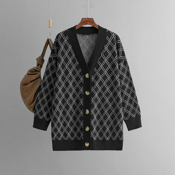autumn And Winter New V-neck Cardigan Women's Casual Loose Diamond Grid Knit Sweater Jacket_ecoleips.com
