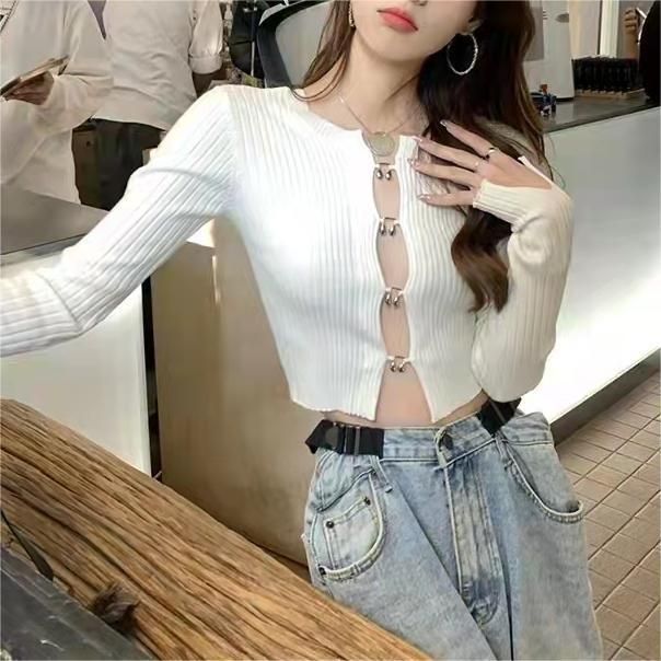Women's Hollow Out Short Sweater Sexy Alluring Knit Cardigan Top Trendy Outfit_ecoleips.com