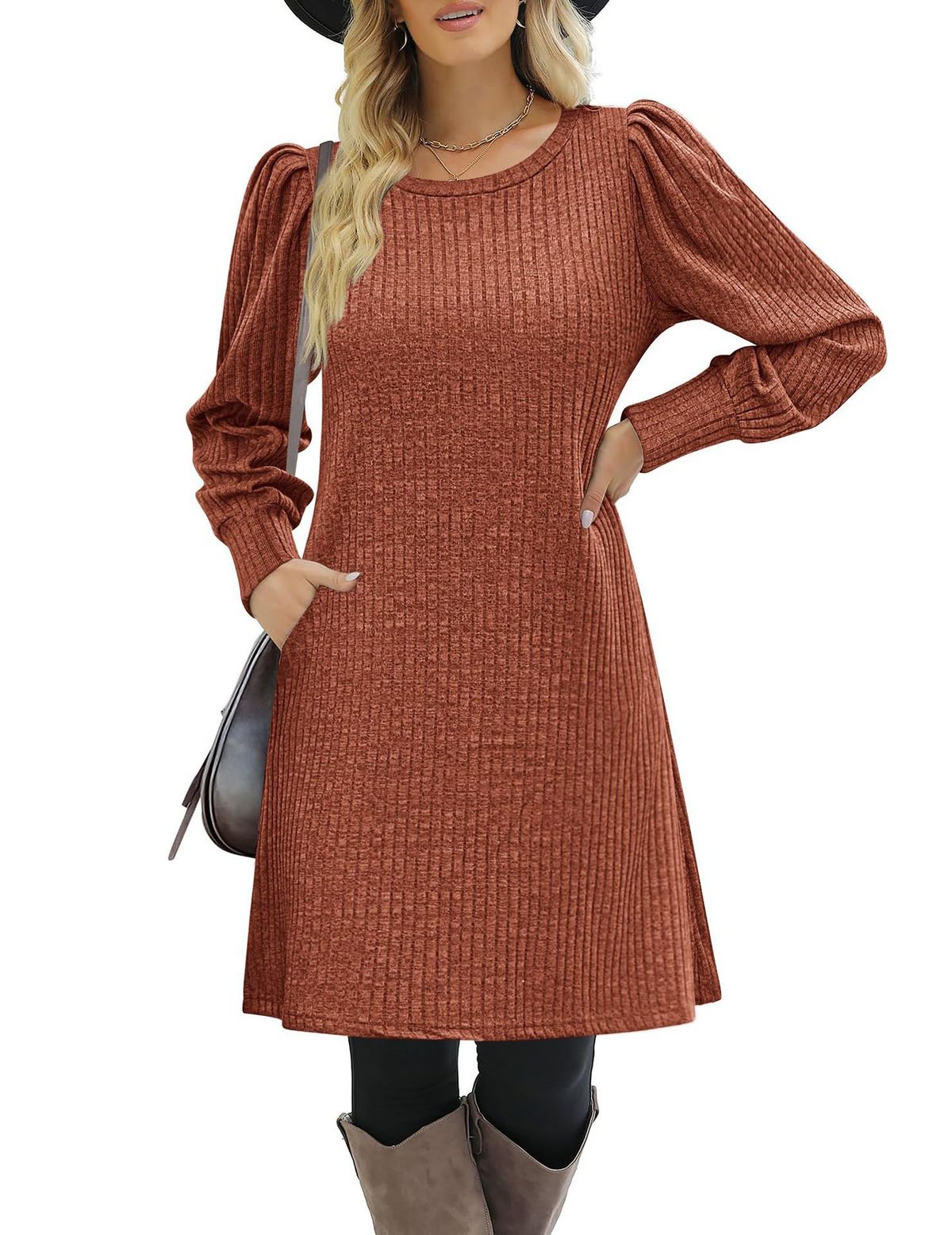 Women's Round Neck Knitted Sweater With Pockets Casual Loose Long Sleeve Autumn Winter Dress Puff Sleeve_ecoleips.com