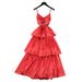 Red Spaghetti Strap Pleated Dress Women's Summer French Resort Style Fitted Waist Ruffled Hem Long Dress_ecoleips.com