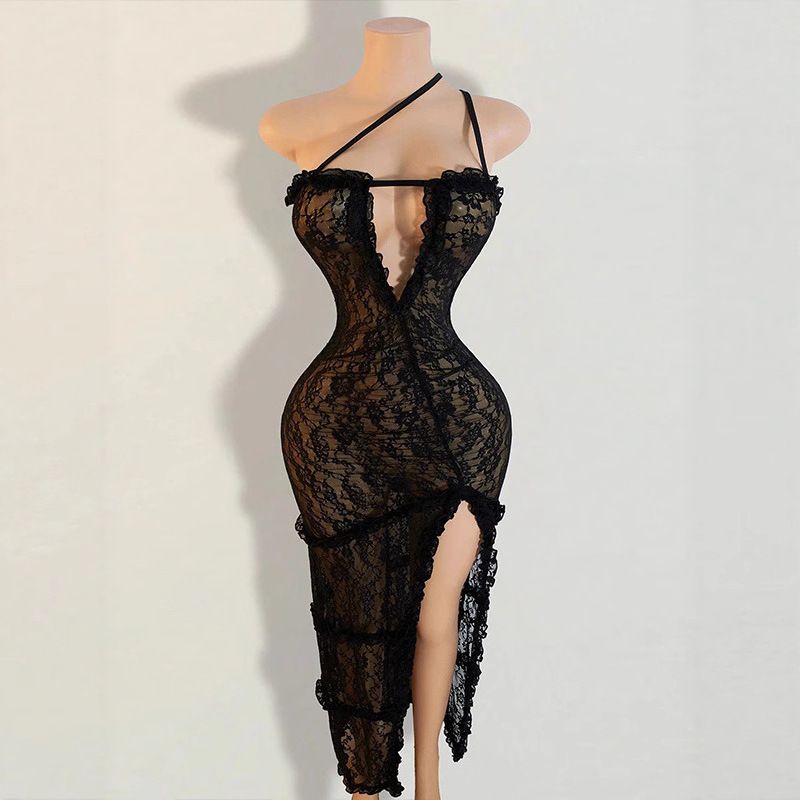 Sexy Elegant Slim Fitting See Through Lace Deep V Side Slit Backless Summer Dress For Women Style_ecoleips.com