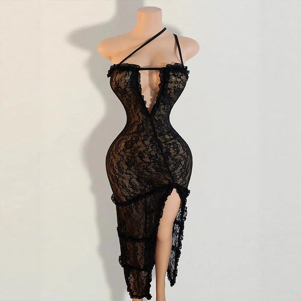 Sexy Elegant Slim Fitting See Through Lace Deep V Side Slit Backless Summer Dress For Women Style_ecoleips.com