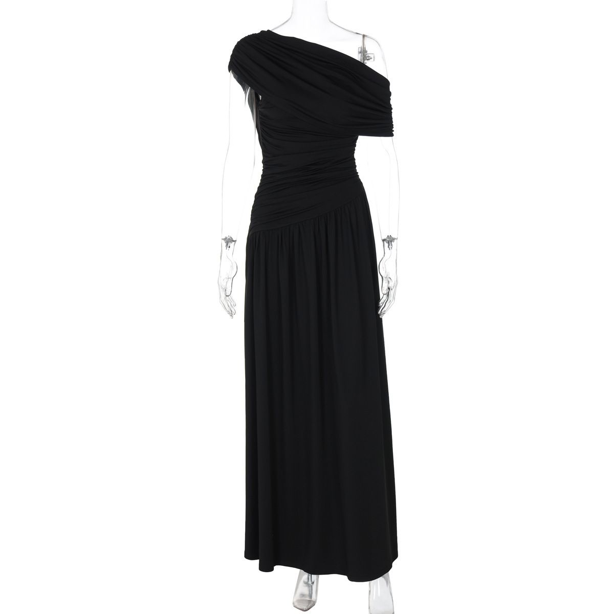 Blifanbo Irregular Diagonal Collar Pleated Sexy Maxi Dress For Women Sleeveless Solid Patchwork Robe Fashion Club Party Dress_ecoleips.com