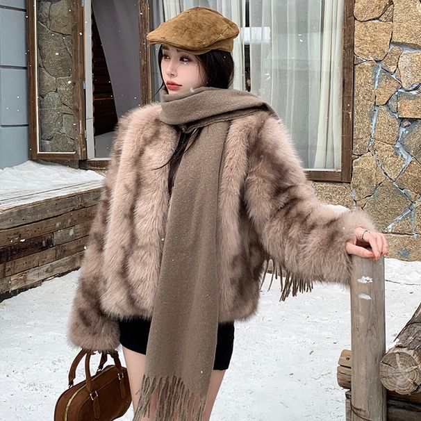 Women’s Faux Fur-Trimmed Leather Jacket – Winter Short Coat With Victoria-Inspired Style (One Size, Brown Sugar Champagne)_ecoleips.com