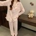 Pink Bow Dtie Design Pajamas For Women Long Sleeve Top & Elastic Waist Pants Pajamas Set Harajuku Style Casual New Home Wear_ecoleips.com