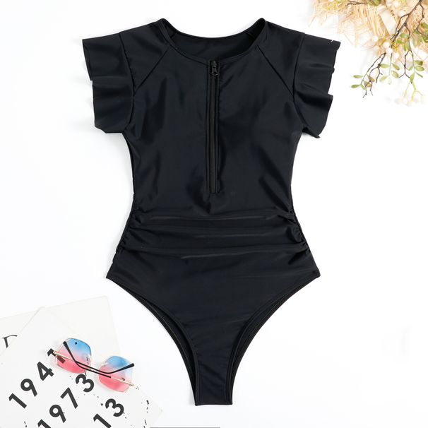 Spring Summer One Piece Swimsuit for Women European American Print Conservative Bikini Ruffles Half Coverage Beach Vacation Swimwear_ecoleips.com