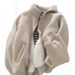 Women's Clothing Fleece-Lined Zip-Up Hoodie - Cozy Winter Pullover With Stand Collar, Loose Fit Casual Outerwear For Daily Commute (Grey/Beige/Brown)_ecoleips.com
