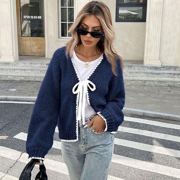 Women's Clothing Elegant V-Neck Long Sleeve Cardigan With Bow Tie Detail - Soft Acrylic Knit, Loose Fit, Versatile Layering Piece For Women_ecoleips.com