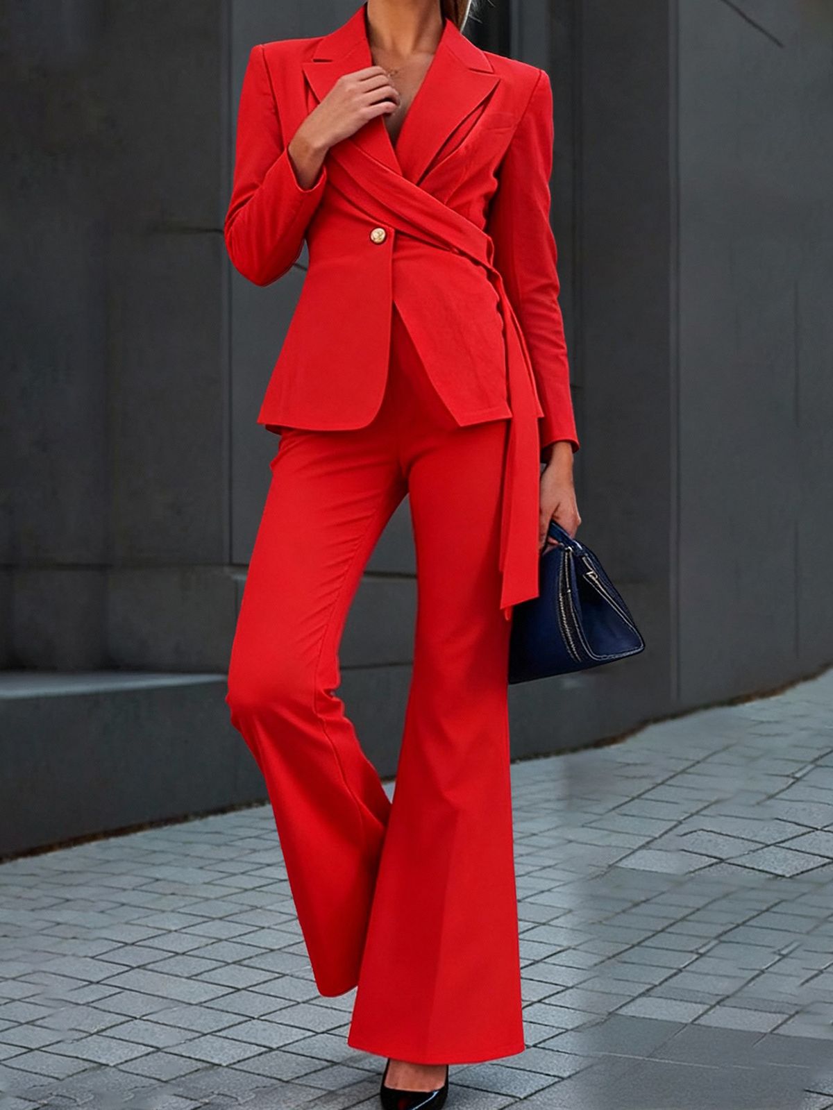 Women's Clothing Red Single Button Suit Set European And American Style Fashionable Waist Cinching Belted Flared Pants Professional Two Piece_ecoleips.com