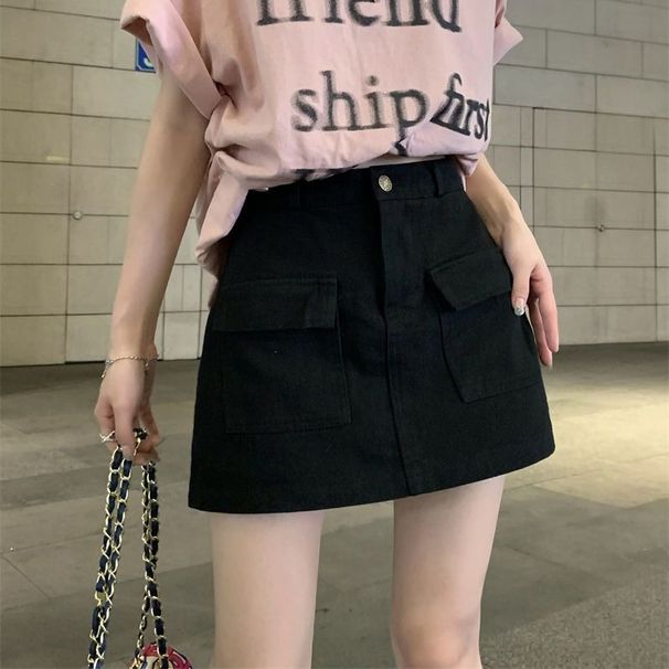 K Retro Workwear Denim Skirt For Women, High Waist, Loose Fit, Slimming A-line Skirt, Spicy Girl Short Skirt_ecoleips.com