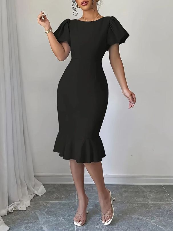 Women's Clothing Women's Fashion Elegant Round Neck Ruffled Hem Large Size Medium And Long Dress_ecoleips.com