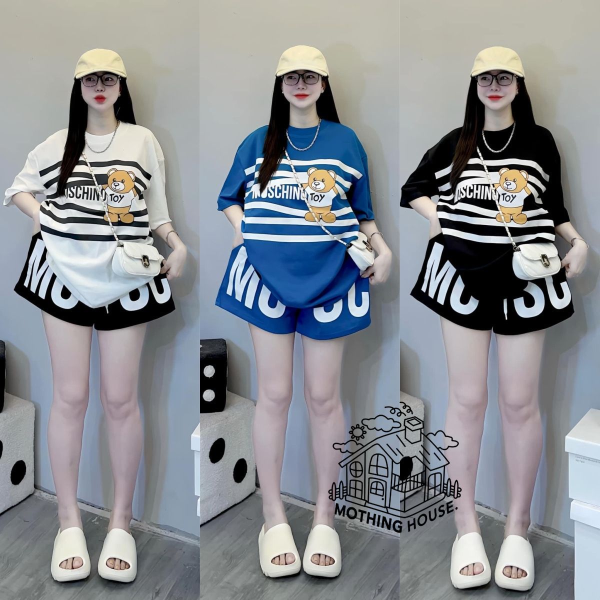 Women's Summer Sporty Two Piece Set Loose Striped Bear Short Sleeve Casual Youthful Fashion Southeast Asian Style Regular Fit_ecoleips.com