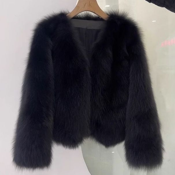 Trendy Women’s Faux Fox Fur Coat, V-Neck Elegant Blouse, Winter Casual & Office Wear In Milk Tea, Cocoa & Black_ecoleips.com