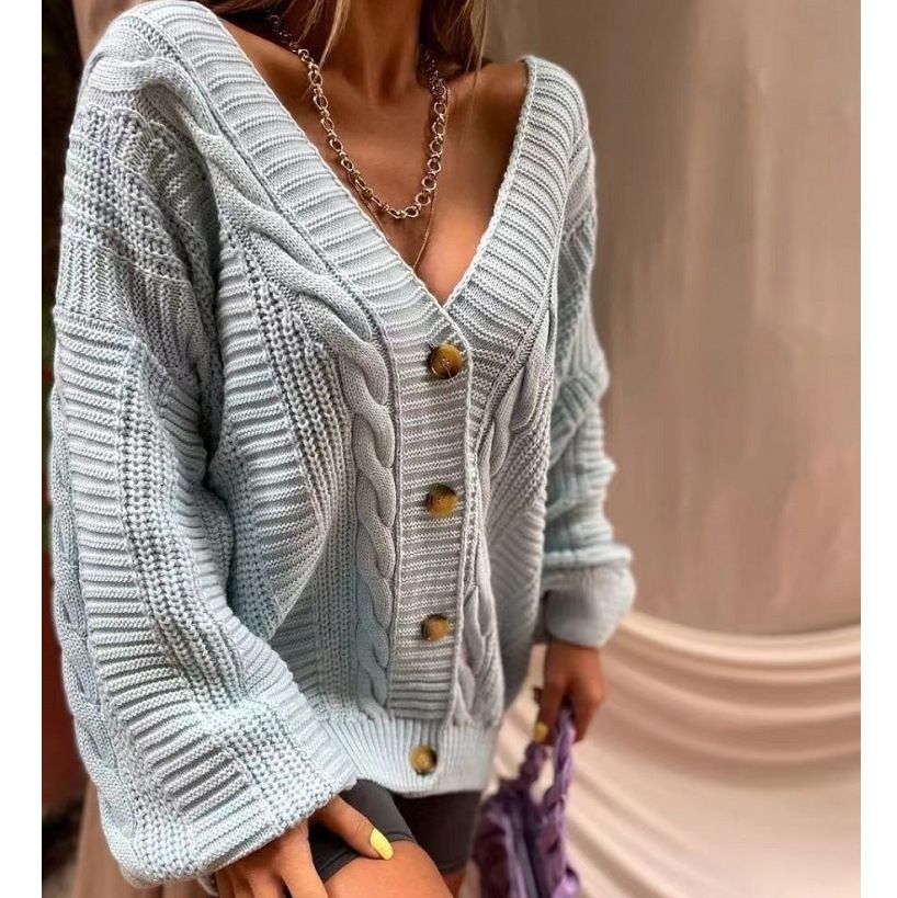 Women's Lantern Sleeve Knit Cardigan - Oversized V-Neck Sweater Coat For Fall & Winter_ecoleips.com