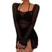 Women's Clothing Dress Mesh See Through Long Sleeve Short Sexy U Collar_ecoleips.com