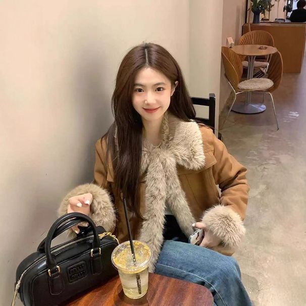 Aria Basics Melard Outfit Brown Furry Patchwork Lapel Coat Women, Thickened Fleece-lined Warm Jacket For Autumn And Winter_ecoleips.com