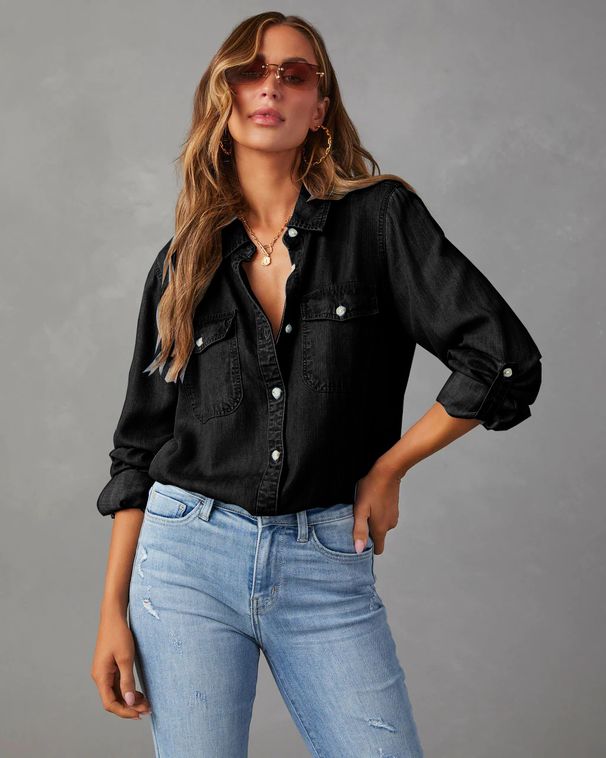 K Denim Shirt Casual Lapel Single Breasted Women's Long Sleeved Denim_ecoleips.com