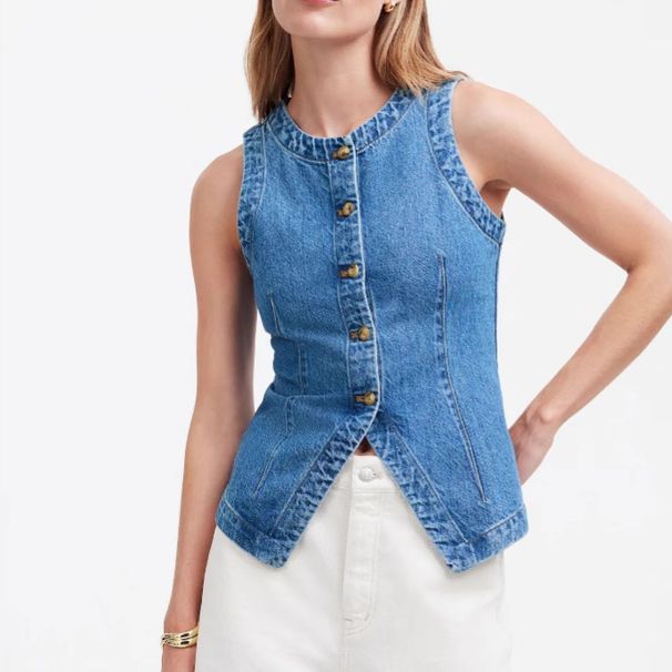 2025 Summer New European And American Cross-Border Trade Sleeveless Slim Fit Denim Vest Women's Round Neck Tank Top_ecoleips.com