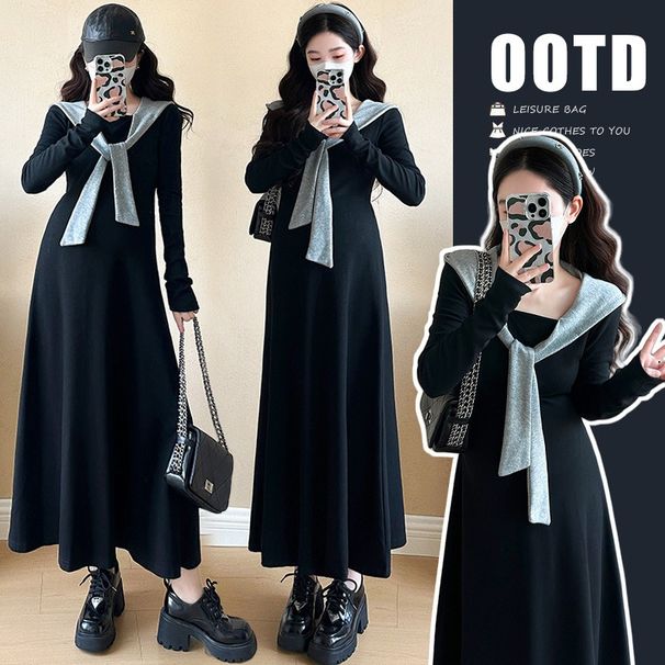 Autumn New Korean Fashion Two-Piece Hooded Patchwork Casual Maternity Dress_ecoleips.com