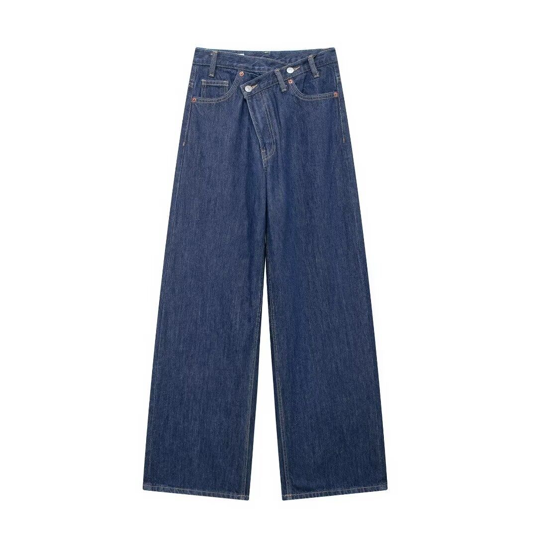European And American Cross-border Clothing Wholesale: Women's Double-breasted High-waisted Wide-leg Jeans_ecoleips.com